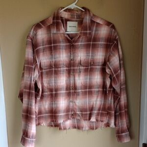 Lucky Brand Plaid Long Sleeve Raw Distressed Hem Crop Button Up Shirt Size L